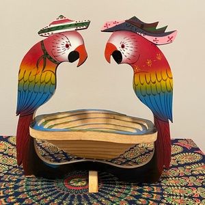 Vintage hand-painted wooden collapsable parrot basket.